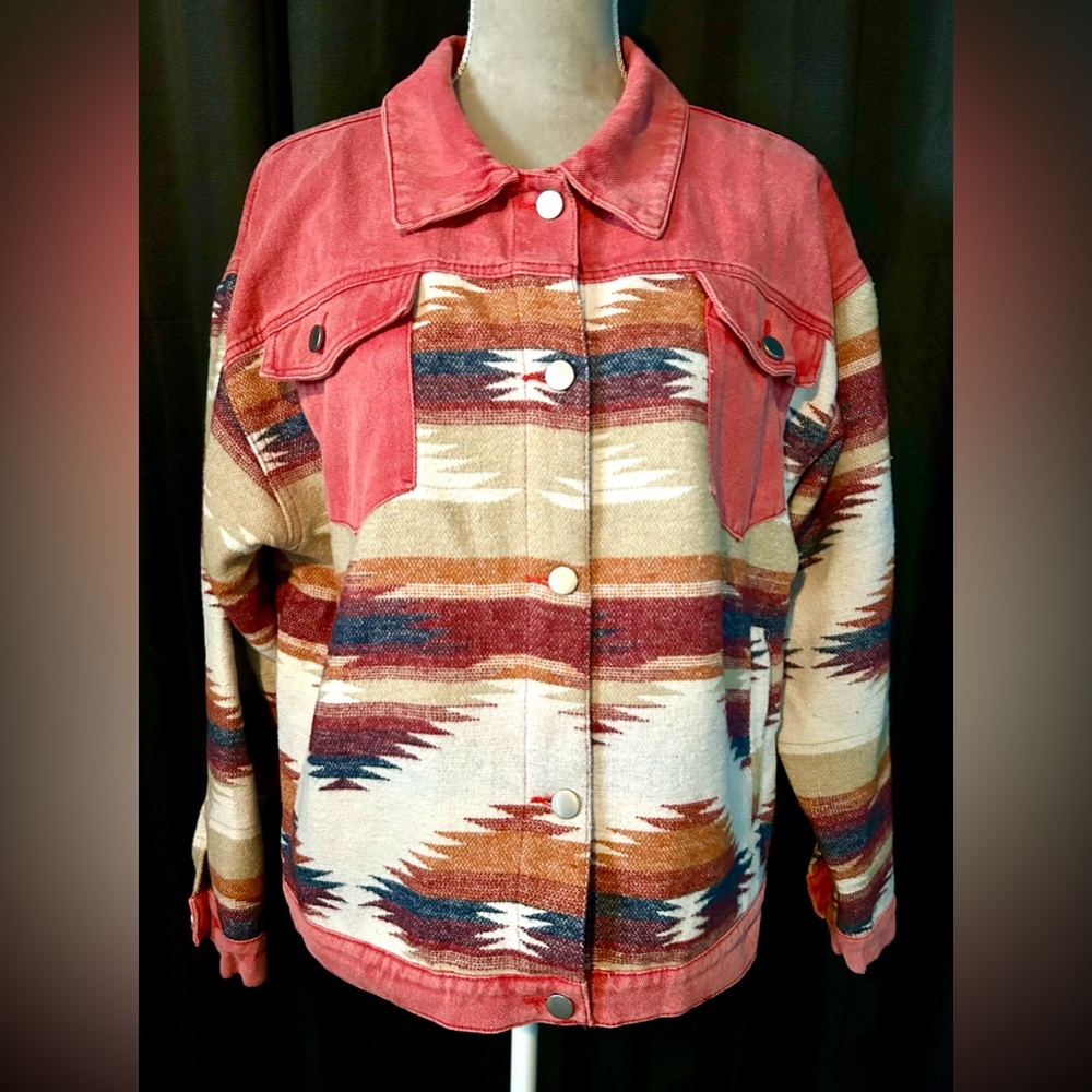 NWT Lucky & Blessed Faded Red Denim Southwestern Jacket, Size L